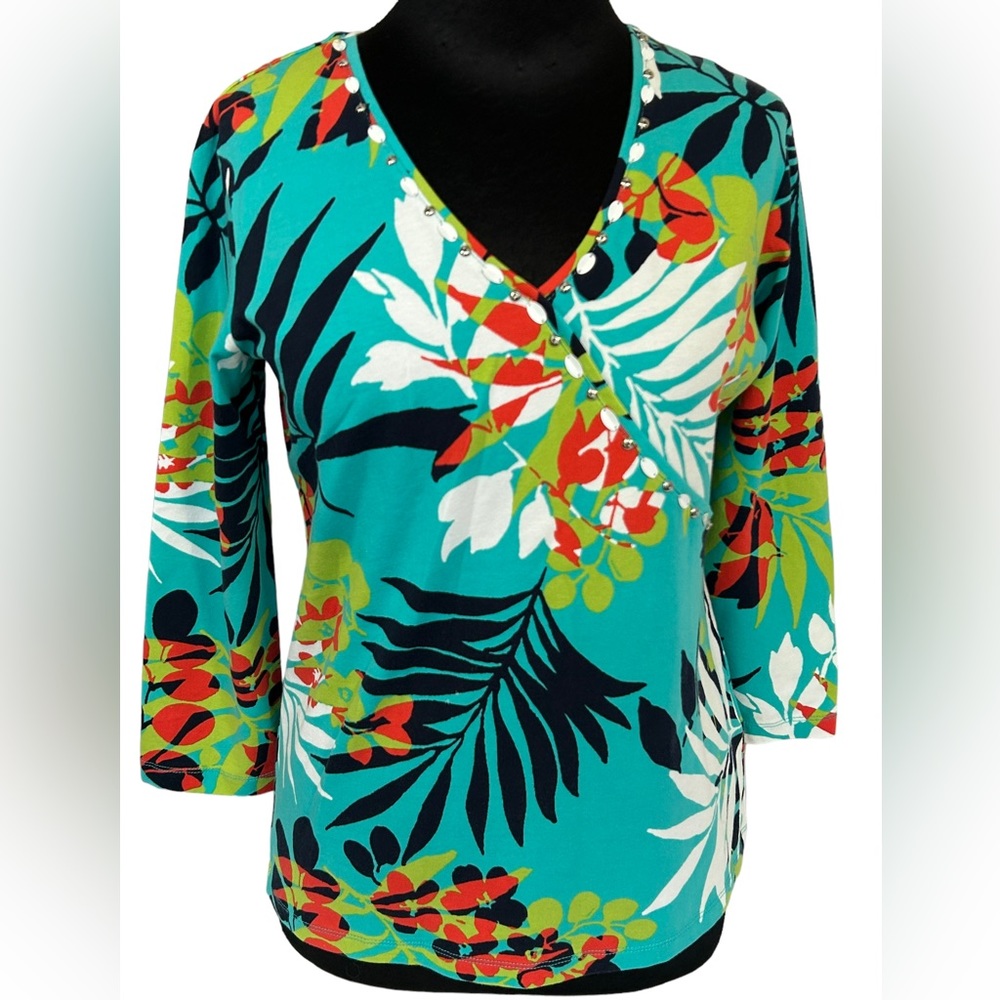 Ruby Road Tunic Top Beaded V-Neck 3/4 Sleeve Island Turquoise Orange Lime S